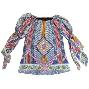 Boho Peasant Blouse Geometric Print Puff Sleeve Tie Cuff Lined Tunic Top Dress M